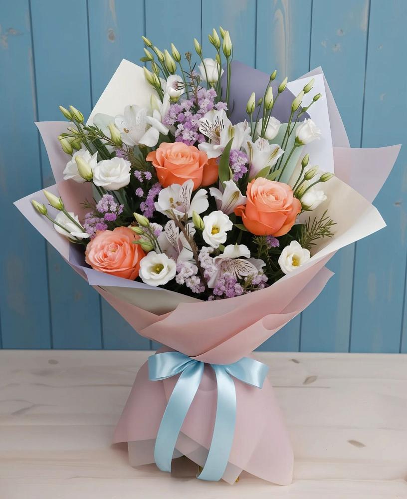 Букет цветов из: Лизиантусы, Розы, Альстромерии и Гипсофила в Голынки