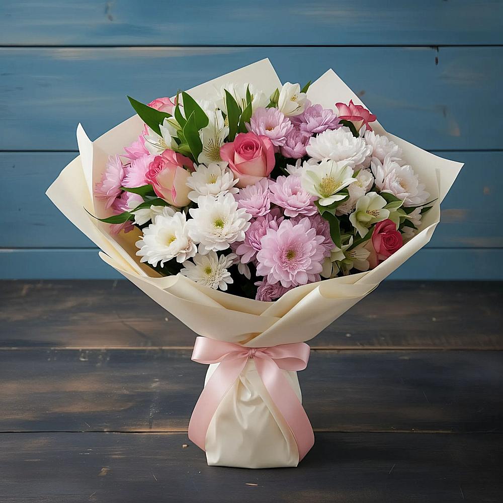 Букет цветов из: Хризантемы, Альстромерии и Розы в Голынки